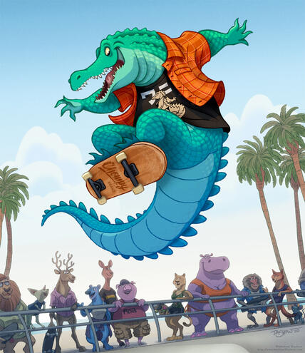 This is Ollie Gator, doing tricks at the skatepark by the beach where all his friends hang out. This was done for a Character Design Challenge - a monthly character challenge on Facebook - but I’d been dying to draw some fun action shots of skaters.