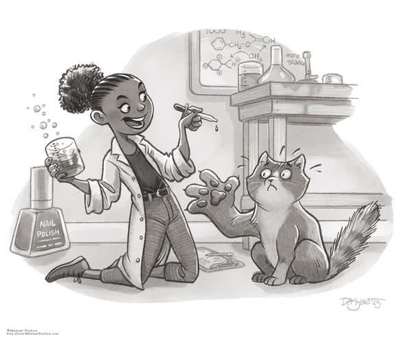 A girl uses the power of chemistry to enlarge her cat (or at least parts of it!) Drawn to include a little black and white work in my portfolio.