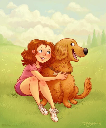 A girl with her pet cocker spaniel, an illustration for a KidLit postcard.
