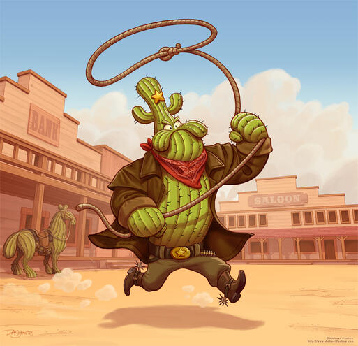 Rushing off to protect the frontier town, it’s Sheriff Saguaro! Drawn as an entry for a Character Design Challenge whose theme was walking plants.
