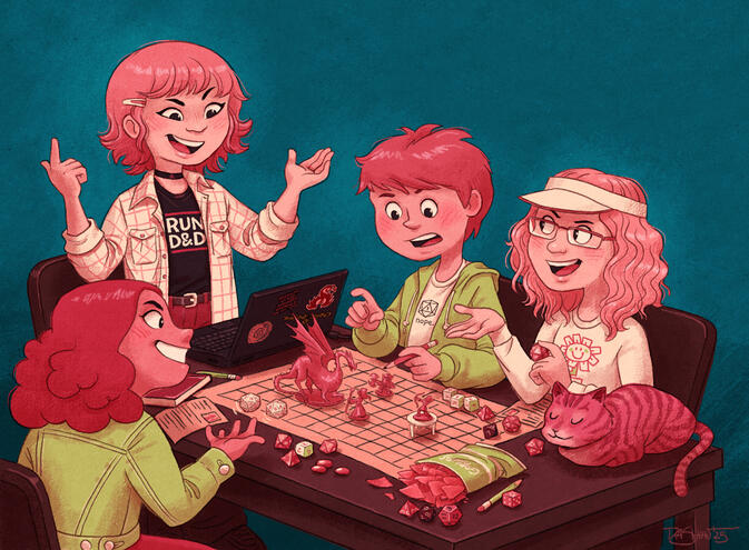 Four kids in their early-to-mid teens around a table playing Da tabletop role-playing game. The game master is standing in front of a laptop and explaining something that's happening in the game. The other kids are rolling dice, arguing about rules, and ex