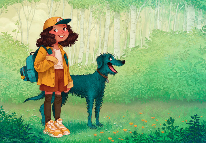 A girl and her Irish wolfhound out for a daytime hike. Drawn as a self-promotional piece for #kidLitArtpostcard day.